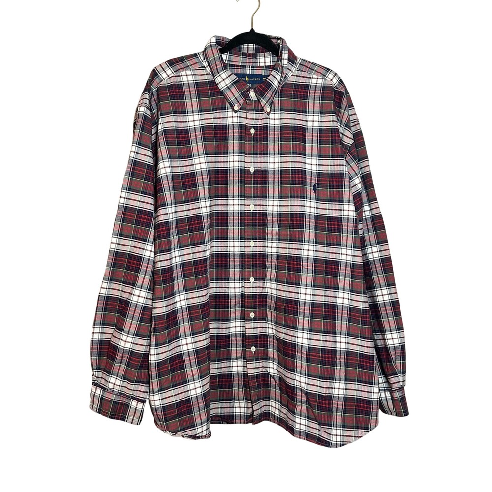 Polo Ralph Lauren Mens 4XB Big Plaid Button Down Shirt Red Navy Blue Long Sleeve